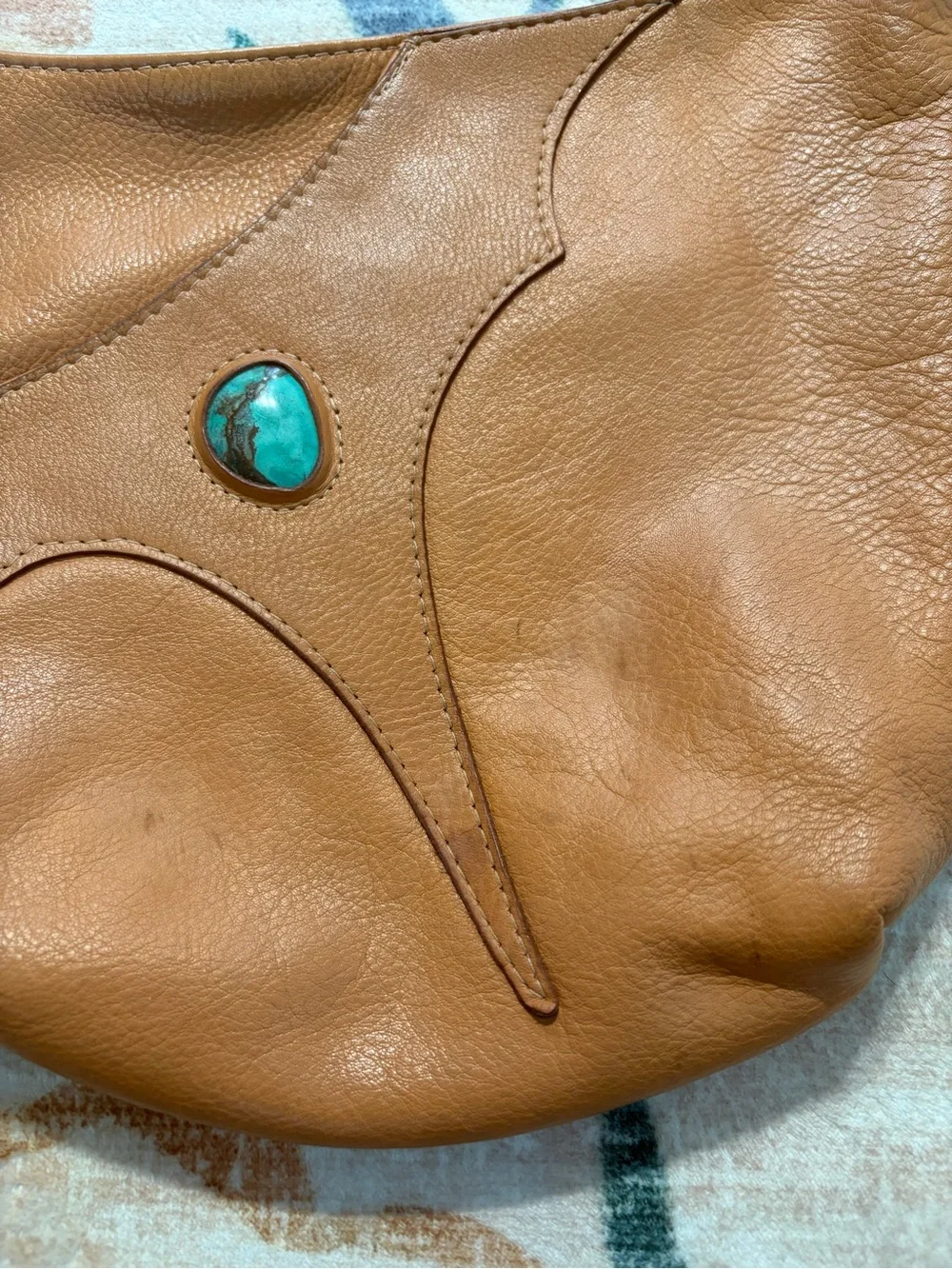Handmade Tan Leather Big Pocket Bag with Turquoise Touchstone